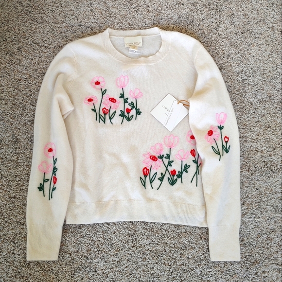 Cynthia Rowley Sweaters - Cynthia Rowley cashmere floral Embroidered Sweater - Cream and Pink